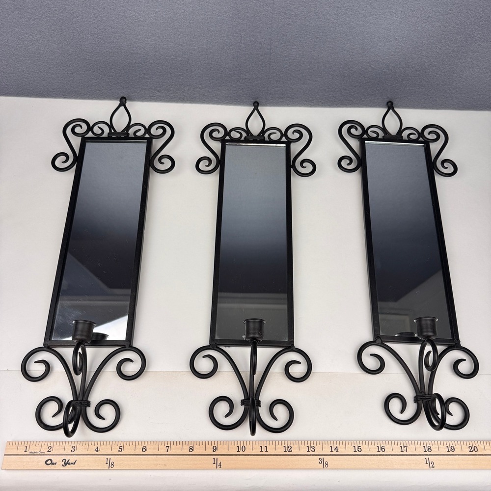 Vtg Set of 3 Black Metal Wall Mount Mirror Rectangle Taper Candle Holder Gothic